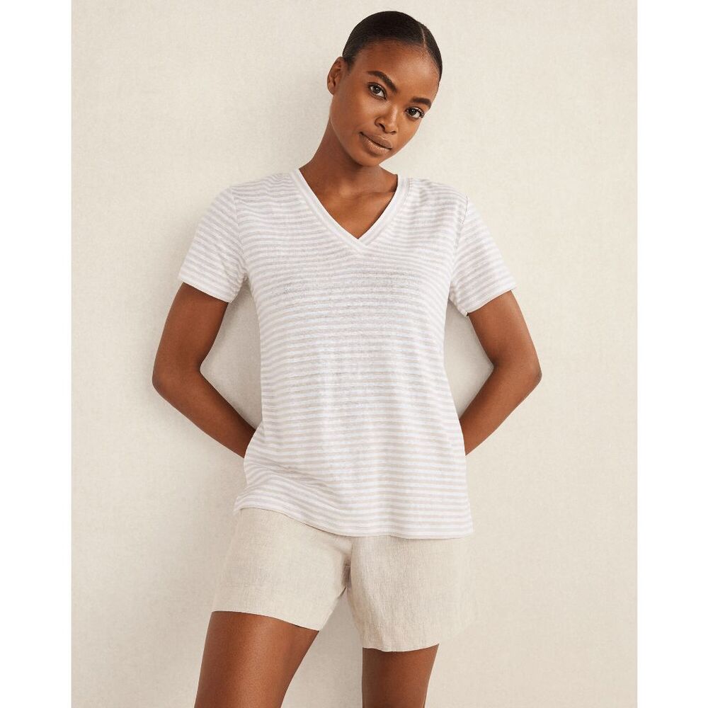 Haven Well Within $68 Linen Stripe V Neck Tee Short Sleeve Womens Small NEW